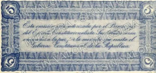 5 pesos, Estado de Durango (M1491), M1491a $5 Estado de Durango, reverso