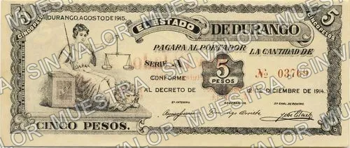 5 pesos, Estado de Durango (M1507), M1507b $5 Estado de Durango, anverso