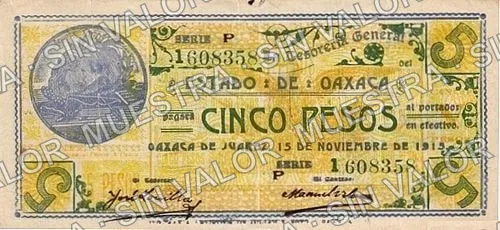 5 pesos, Estado de Oaxaca (M3373), M3373e $5 Estado de Oaxaca, anverso