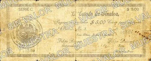 5 pesos, Estado de Sinaloa (M3766), anverso (M3766 $5 Estado de Sinaloa)