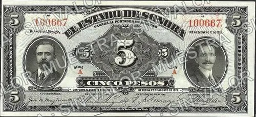 5 pesos, Estado de Sonora (M3822), anverso (M3822a $5 Estado de Sonora)