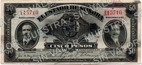 5 pesos, Estado de Sonora (M3822), anverso (M3822a $5 altered to $50)