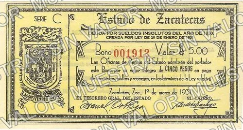 5 pesos, Estado de Zacatecas (M4521), M4521 $5 Estado de Zacatecas, anverso