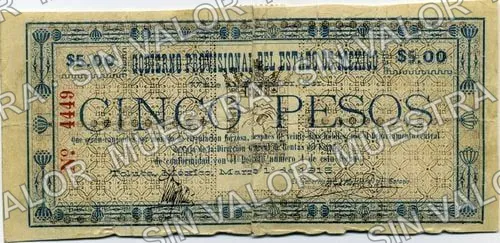 5 pesos, Estado Libre y Soberano de México (M2814), M2814 $5 Estado Libre y Soberano de México, anverso