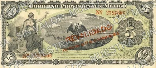 5 pesos, Gobierno Provisional de México (M1240), anverso (M1240c $5 Gobierno Provisional de México 'REVALIDADO')