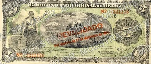 5 pesos, Gobierno Provisional de México (M1240), M1240e $5 Gobierno Provisional de México, anverso