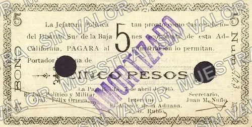 5 pesos, La Jefatura Política (M821), M821b $5 La Jefatura Política, anverso