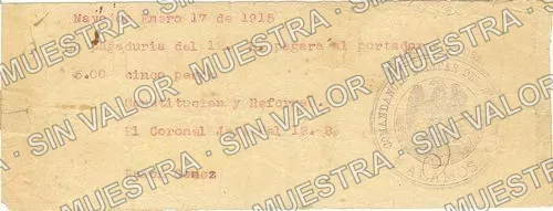 5 pesos, La Pagaduria del 12o. Battalón (M3795), anverso