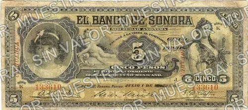 5 pesos (M507), anverso (M507d $5 overprinted 'CHIHUAHUA')
