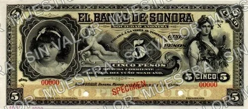 5 pesos (M507), anverso (M507s1 $5 Banco de Sonora specimen)
