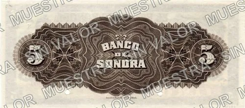 5 pesos (M507), reverso (M507s1 $5 Banco de Sonora specimen)