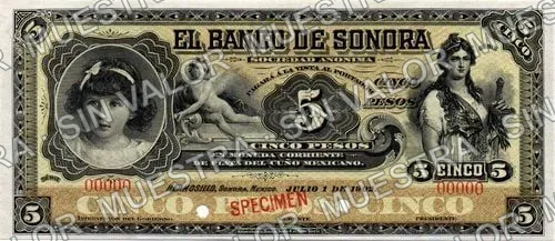 5 pesos (M507), anverso (M507s2 $5 Banco de Sonora specimen)