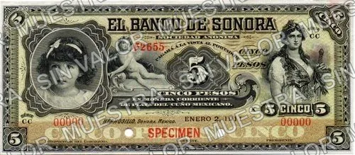 5 pesos (M507), anverso (M507s2 $5 Banco de Sonora specimen)