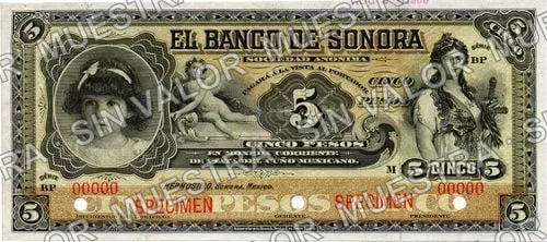 5 pesos (M507), anverso (M507s2 $5 Banco de Sonora specimen)