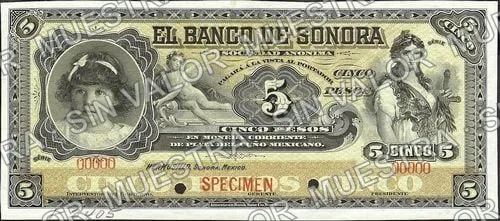 5 pesos (M507), anverso (M507s2 $5 Banco de Sonora specimen)