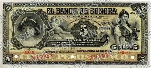 5 pesos (M507), anverso (M507s2 $5 Banco de Sonora specimen)
