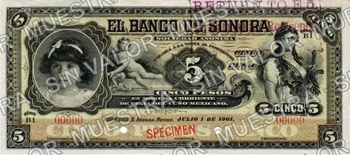 5 pesos (M507), anverso (M507s2 $5 Banco de Sonora specimen)