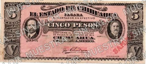 5 pesos (M922), anverso (M922e1 $5 overprinted 'SAMPLE')