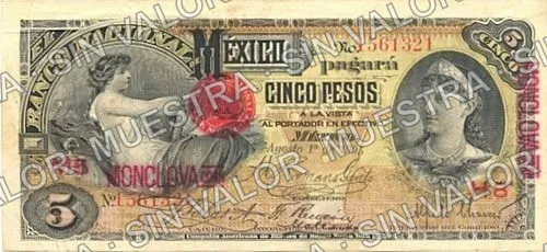 5 pesos, needlepunched 'MERIDA' (M298), M298ae $5 overprinted 'MONCLOVA COAH', anverso