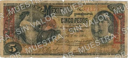 5 pesos, needlepunched 'MERIDA' (M298), M298ae $5 overprinted 'MONCLOVA COAH', anverso