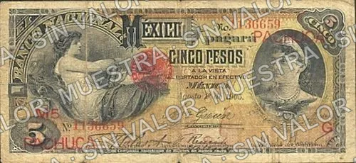5 pesos, needlepunched 'MERIDA' (M298), M298aj $5 overprinted 'PACHUCA', anverso