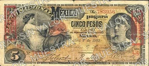 5 pesos, needlepunched 'MERIDA' (M298), M298ak $5 overprinted 'PAGADERO EN PUEBLA', anverso