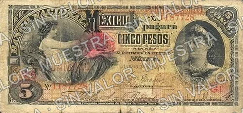 5 pesos, needlepunched 'MERIDA' (M298), M298al $5 overprinted 'PURUANDIRO', anverso