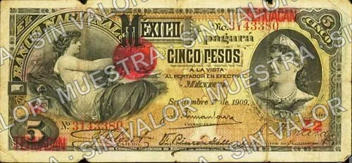 5 pesos, needlepunched 'MERIDA' (M298), M298aw $5 overprinted 'TEHUACAN', anverso