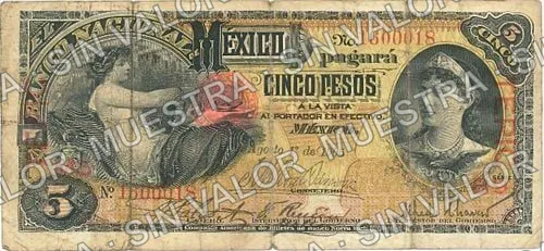 5 pesos, needlepunched 'MERIDA' (M298), M298ax $5 overprinted 'TEPIC', anverso