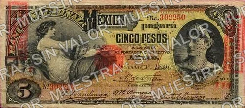 5 pesos, needlepunched 'MERIDA' (M298), M298bf $5 overprinted 'PAGADERO EN VERACRUZ' and needlepunched 'VERACRUZ', anverso