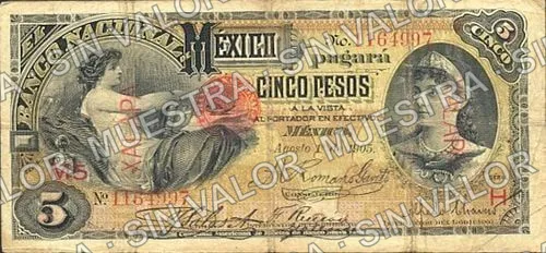 5 pesos, needlepunched 'MERIDA' (M298), M298bg $5 overprinted 'XALAPA', anverso