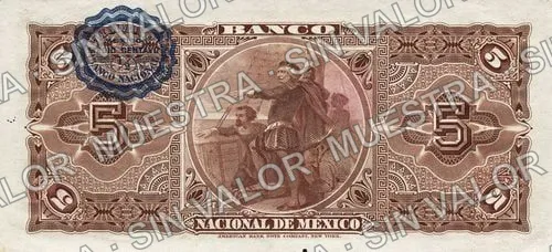 5 pesos, needlepunched 'MERIDA' (M298), M298c $5 Banco Nacional de México, reverso