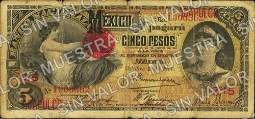 5 pesos, needlepunched 'MERIDA' (M298), M298d $5 overprinted 'ACAPULCO', anverso