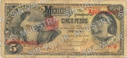 5 pesos, needlepunched 'MERIDA' (M298), M298e $5 overprinted 'Aguascalientes', anverso