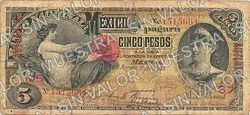 5 pesos, needlepunched 'MERIDA' (M298), M298f $5 overprinted 'AUTLAN JAL', anverso