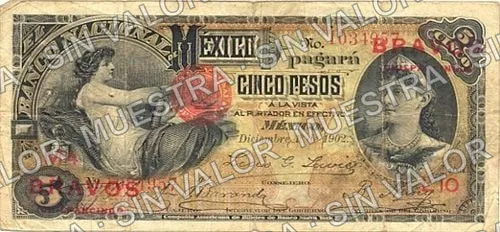 5 pesos, needlepunched 'MERIDA' (M298), M298g $5 overprinted 'BRAVOS (CHILPANCINGO)', anverso
