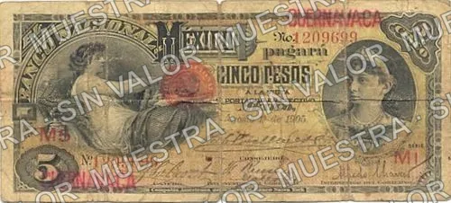 5 pesos, needlepunched 'MERIDA' (M298), M298q $5 overprinted 'CUERNAVACA', anverso