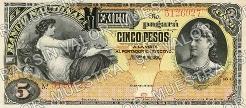 5 pesos, needlepunched 'MERIDA' (M298), M298r2 $5 'BILLETE SIN VALOR', anverso