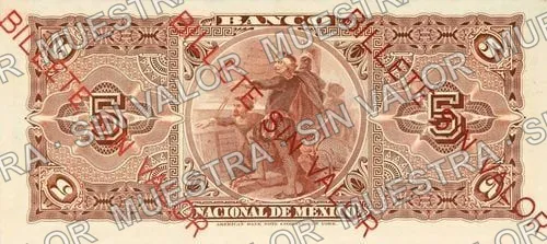 5 pesos, needlepunched 'MERIDA' (M298), M298r2 $5 'BILLETE SIN VALOR', reverso