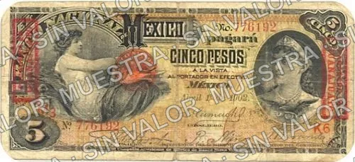 5 pesos, needlepunched 'MERIDA' (M298), M298u1 $5 overprinted 'PAGADERO EN GUANAJUATO', anverso