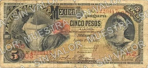 5 pesos, needlepunched 'MERIDA' (M298), M298y $5 overprinted 'LAGOS', anverso