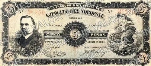 5 pesos, Pagaduría del Cuerpo de Ejército del Noroeste (M2263), anverso