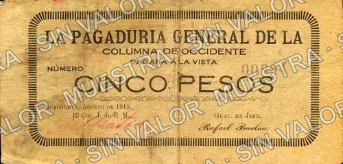 5 pesos, Pagaduria General de la Columna de Occidente (M3246), M3246 $5 Pagaduria General de la Columna de Occidente, anverso