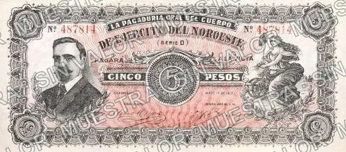 5 pesos, Pagaduría Gral. del Cuerpo de Ejército del Noroeste (M2269), M2269a $5 Pagaduría Gral. del Cuerpo de Ejército del Noroeste, anverso