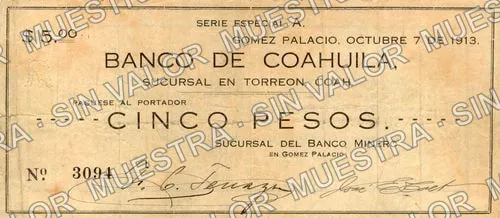 5 pesos, Sucursal del Banco Minero (M1458), anverso