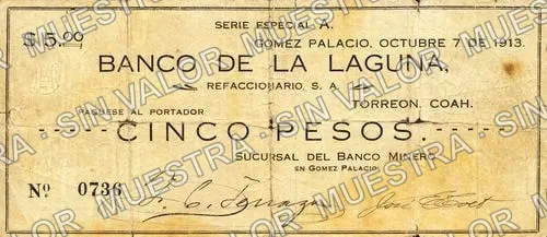 5 pesos, Sucursal del Banco Minero (M1463), anverso