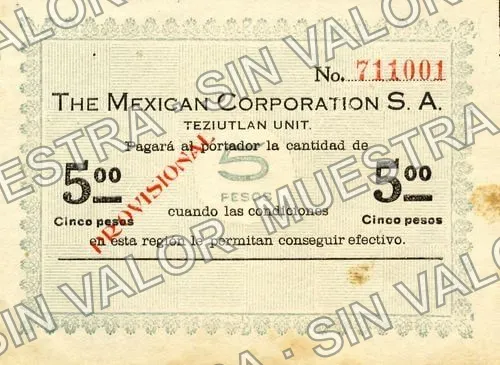 5 pesos, The Mexican Corporation (M3616), M3616 $5 The Mexican Corporation, anverso