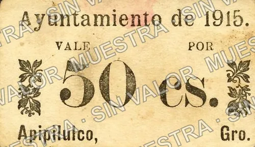 50 centavos, Ayuntamiento de 1915, Apipilulco (M1910), anverso