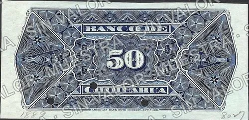 50 centavos, Banco de Chihuahua (M74), M74s 50c Banco de Chihuahua specimen, reverso