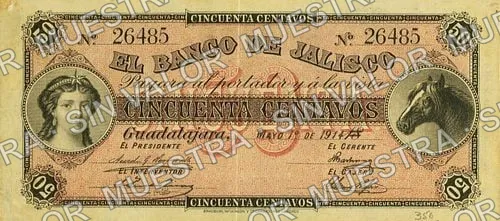 50 centavos, Banco de Jalisco (M376), anverso